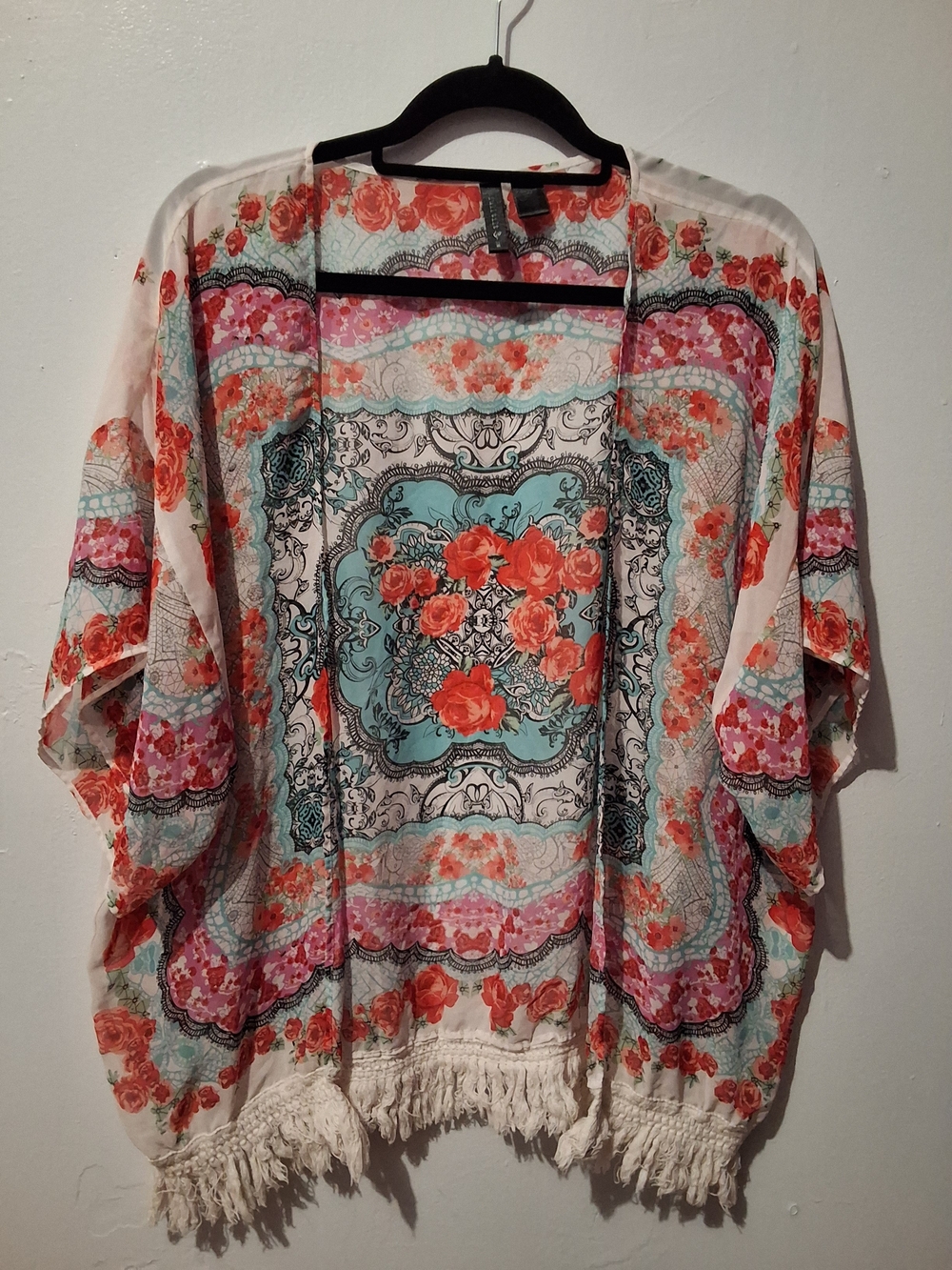 Full Tilt Coral & Aqua Floral Fringe Kimono